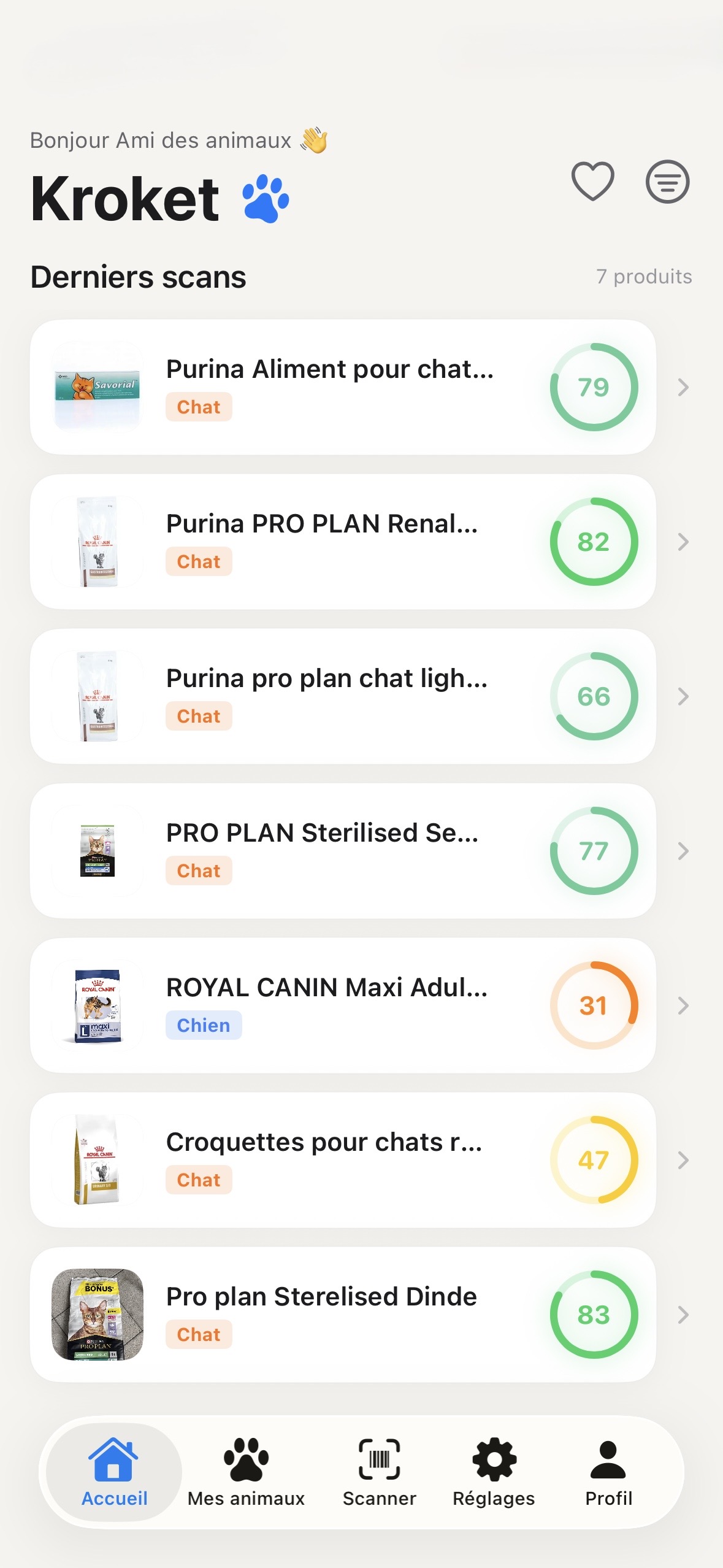 Capture de l'application Kroket - analyse nutritionnelle d'un produit pour chat