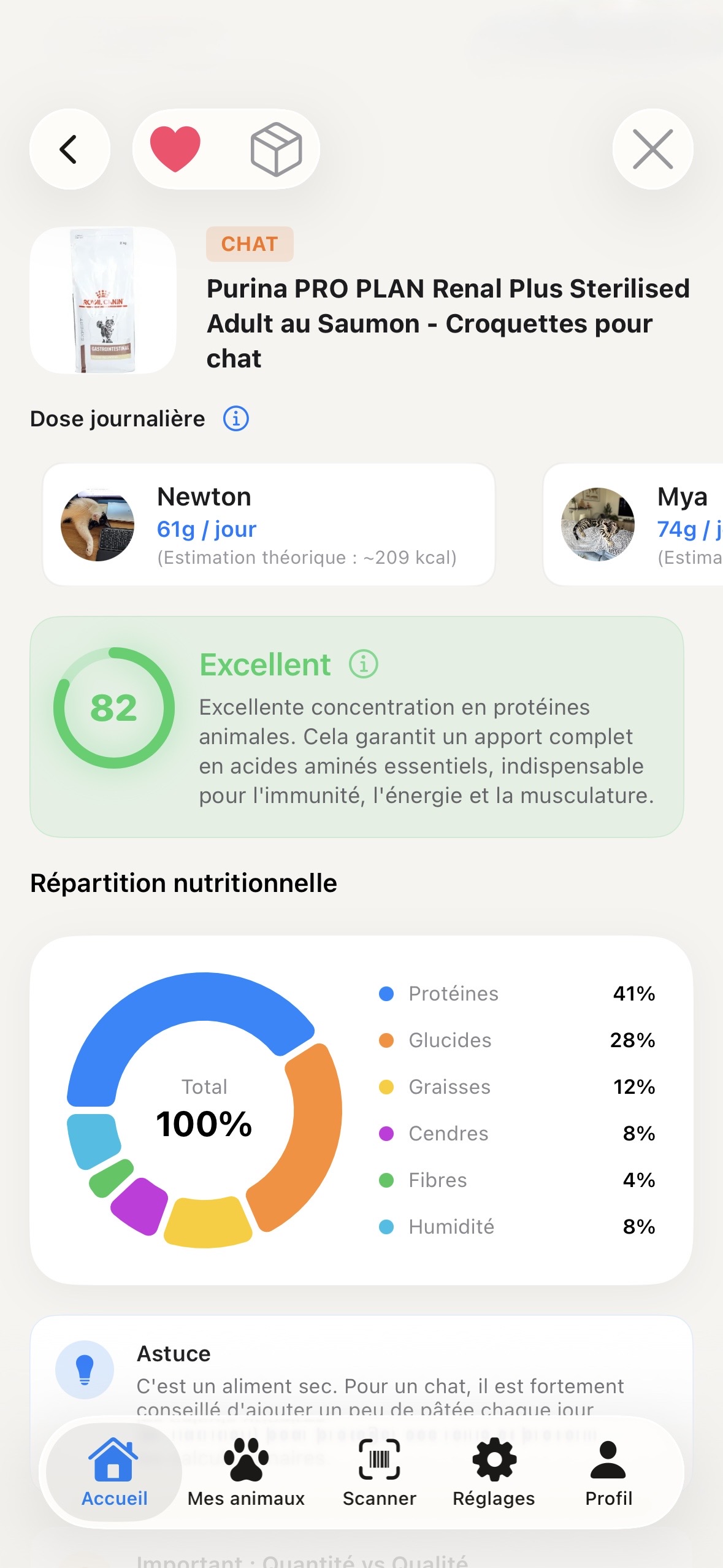 Capture de l'application Kroket - recommandations et ration journalière