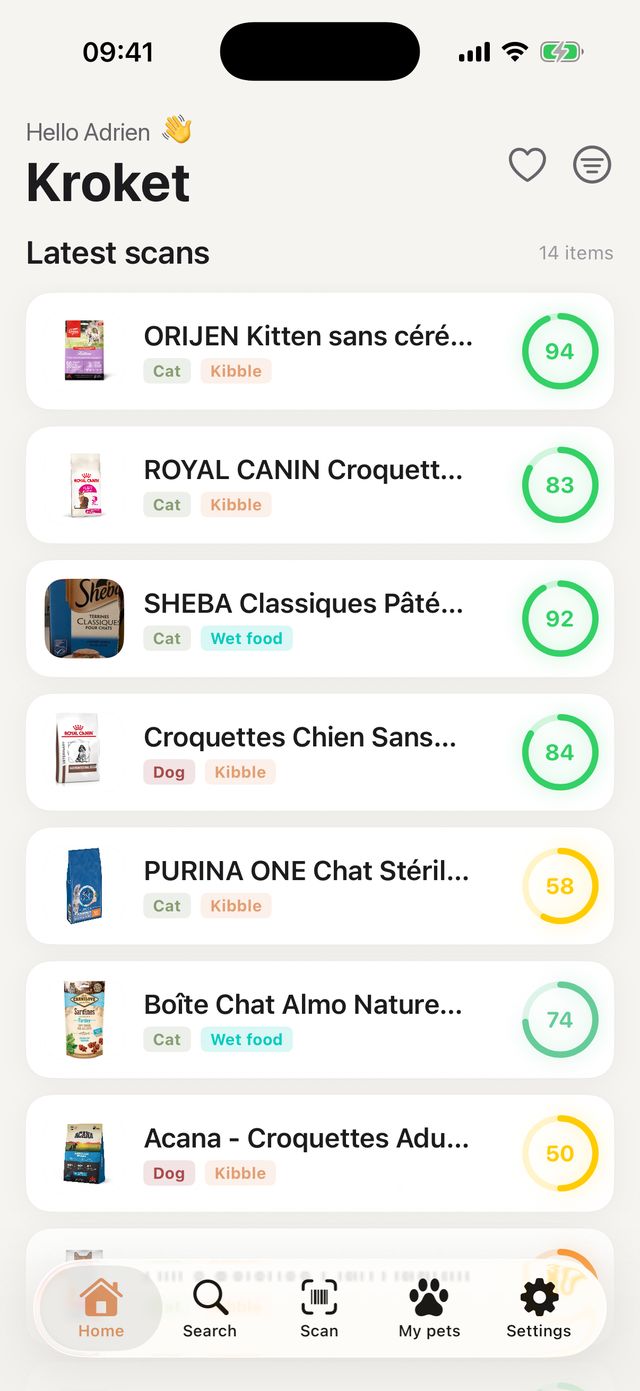 Kroket home screen with recent scans, cat and dog kibble and wet food scored from 50 to 94 out of 100.