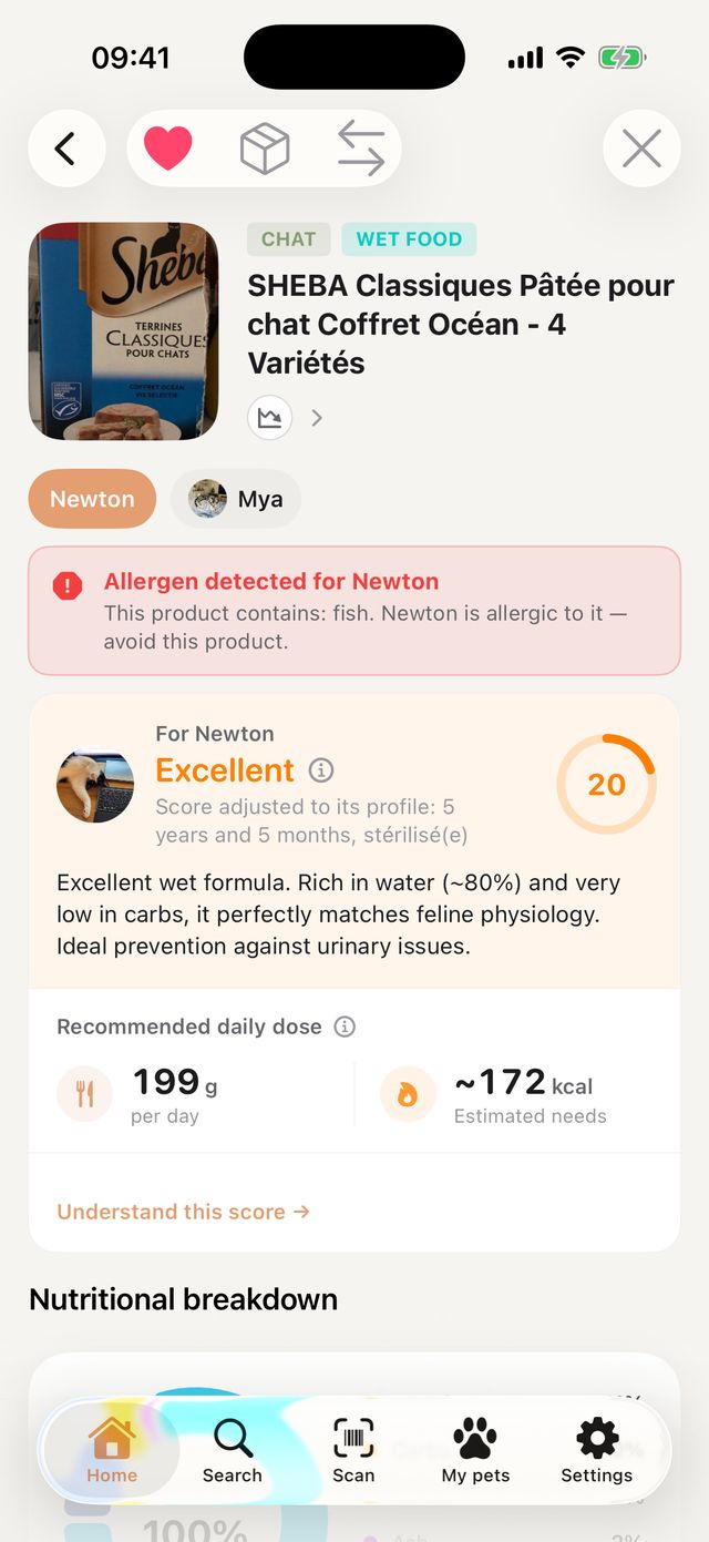 Cat wet food page with the alert “Allergen detected for Newton”: the ingredients include fish, and Newton's score is capped at 20.