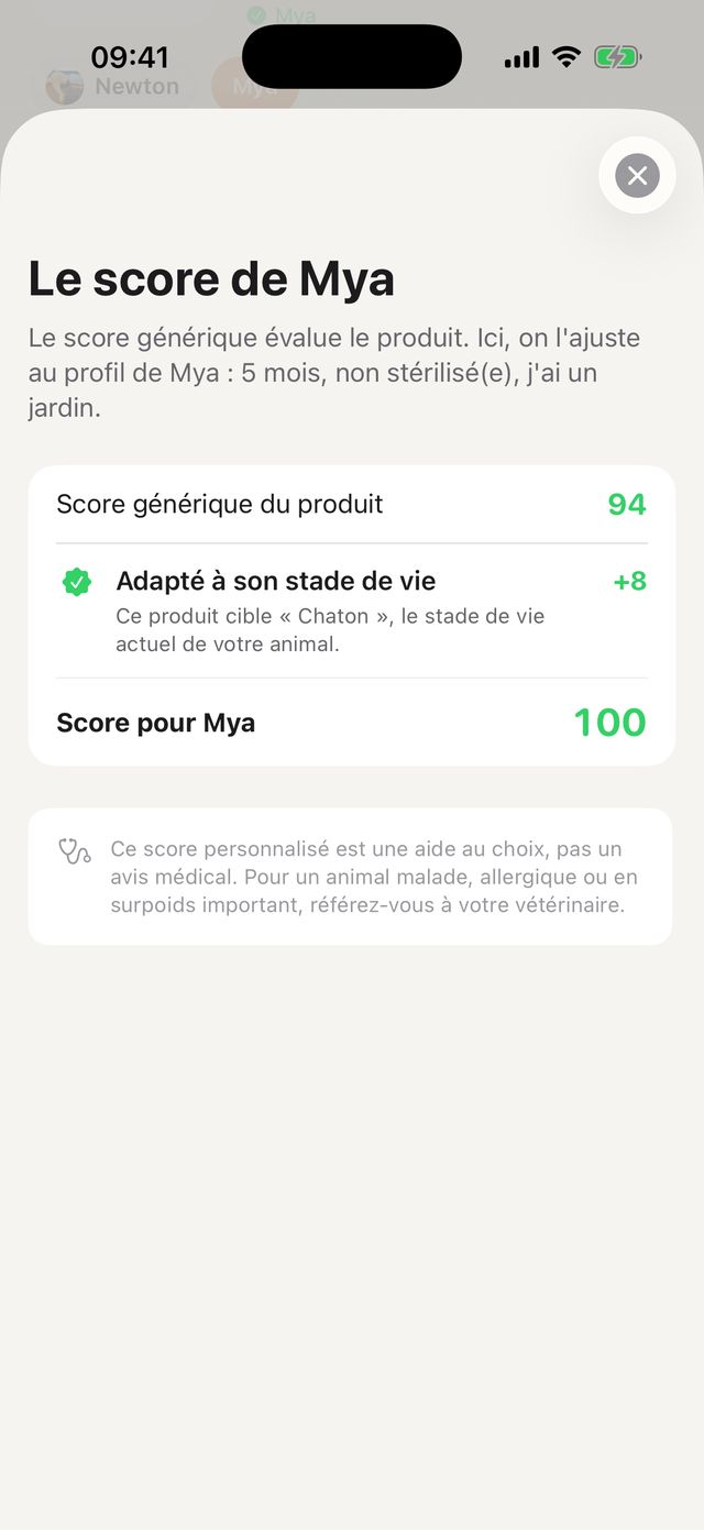 Détail de la note pour Mya : le produit est noté 94, et gagne 8 points parce qu'il est prévu pour un chaton, soit 100.