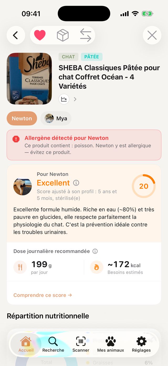Fiche d'une pâtée pour chat : alerte « Allergène détecté pour Newton », la composition contient du poisson, et la note pour Newton est limitée à 20.