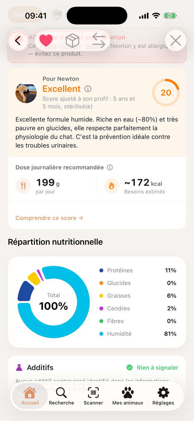Carte de la note pour Newton sur une pâtée au poisson : 20 sur 100, ration de 199 g par jour et besoins estimés à environ 172 kcal.