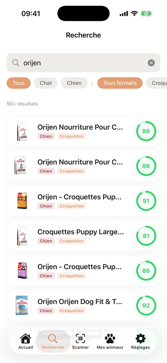 Recherche dans Kroket : plus de 50 produits pour chien, triés par note, de 81 à 92 sur 100.
