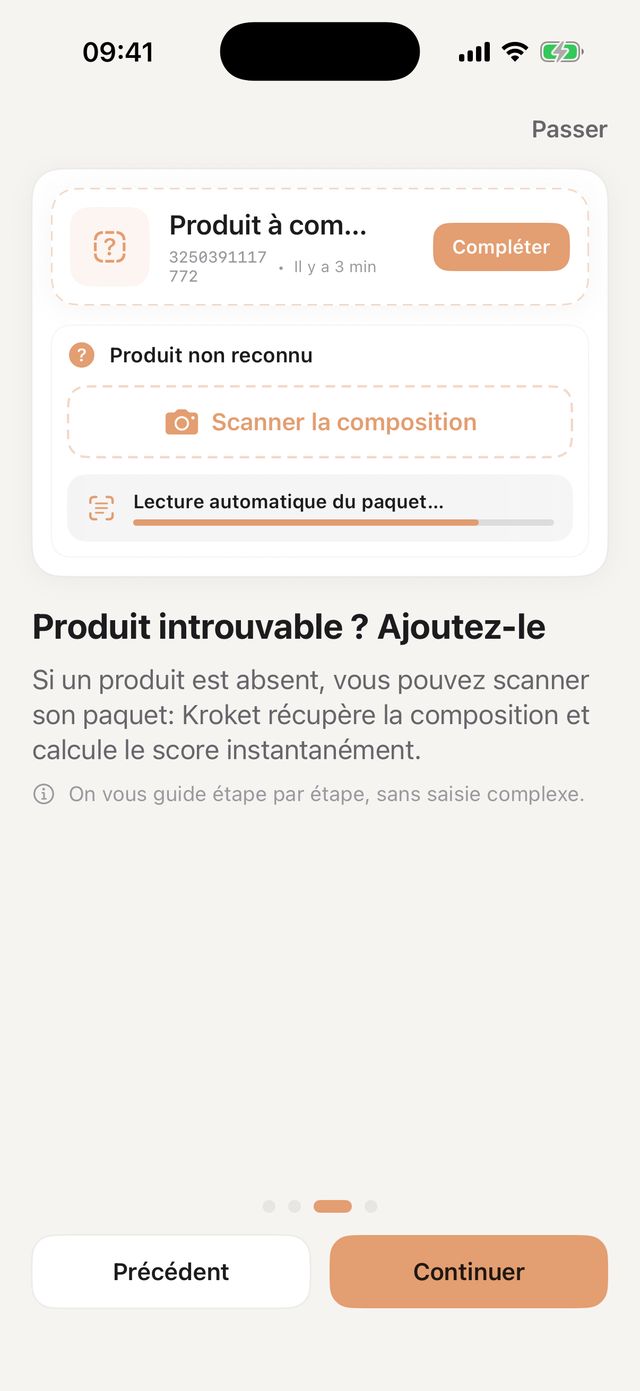 Écran d'ajout d'un produit introuvable : la composition du paquet est en cours de lecture automatique.